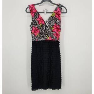 Joseph Ribkoff Floral Sheath Dress 4 Tiered Ruffle Sleeveless Black Cocktail
